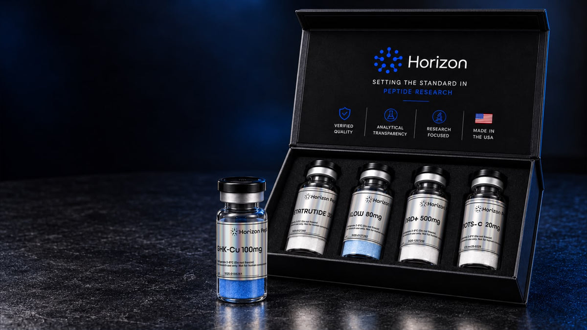 Open Horizon presentation box with four research material vials and a separate GHK-Cu vial